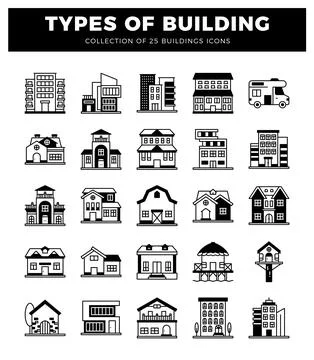 Building icons in a grid. featuring various architectural styles and types. Stock Illustration