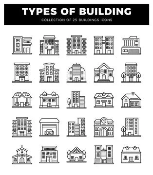 Building icons in a grid format against a white background. Ilustración de archivo