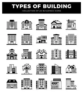 Building icons in a grid format against a white background Ilustración de archivo