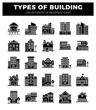 Building icons in a grid format against a white background. Ilustración de archivo