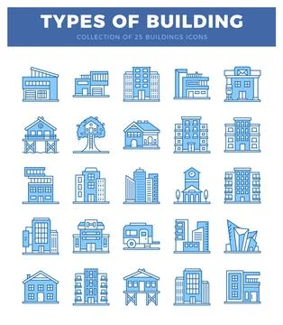 Building icons in a grid format with blue outlines on a white background. Ilustración de archivo