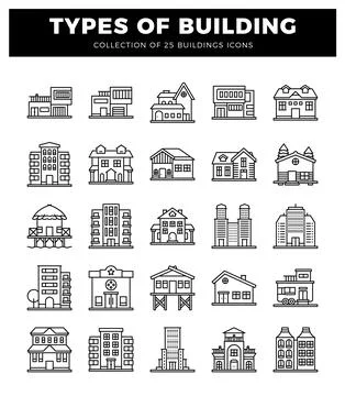 Building icons in a grid format with clean line art on a white background. Stock Illustration