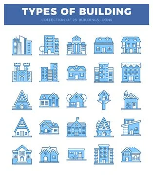 Building icons in a grid format. Ilustración de archivo