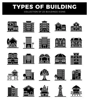 Building icons in a grid format. showing various residential and commercial.. Ilustración de archivo
