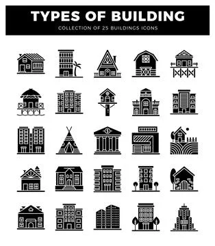 Building icons in a grid format on a white background Ilustración de archivo