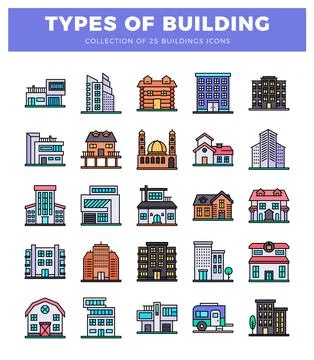 Building icons in a grid format on a white background. Ilustración de archivo