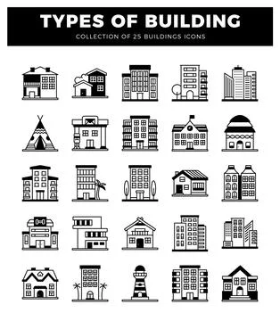 Building icons in a grid format on a white background. Ilustración de archivo