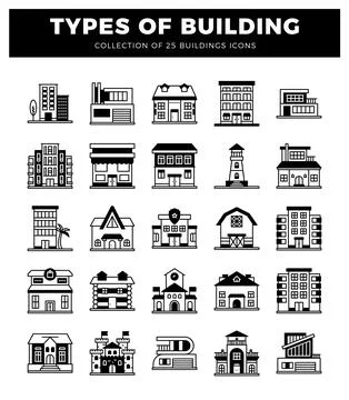 Building icons in a grid format on a white background Ilustración de archivo