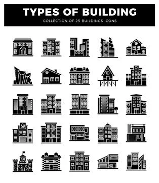 Building icons in a grid format on a white background. Ilustración de archivo