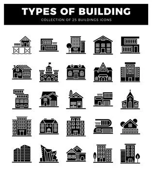 Building icons in a grid format on a white background. Ilustración de archivo