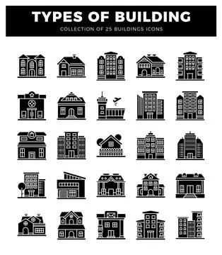 Building icons in a grid format on a white background. Ilustração Stock