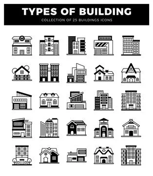 Building icons in a grid format on a white background Ilustración de archivo