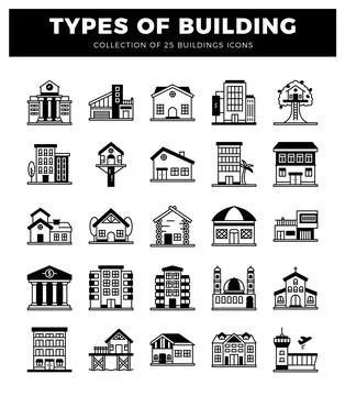 Building icons in a grid format on a white background. showcasing various a.. Ilustración de archivo