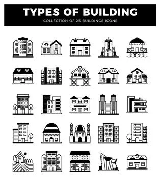 A building icons in a grid format on a white background. Ilustración de archivo