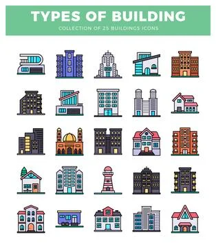 Building icons in a grid format on a white background. Ilustración de archivo