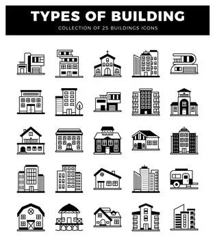 Building icons in a grid format on a white background. Ilustración de archivo