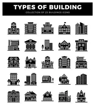 Building icons in a grid format on a white background Ilustración de archivo