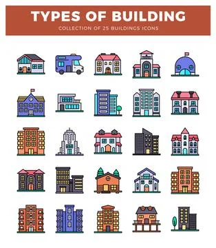 Building icons in a grid format on a white background. Ilustración de archivo