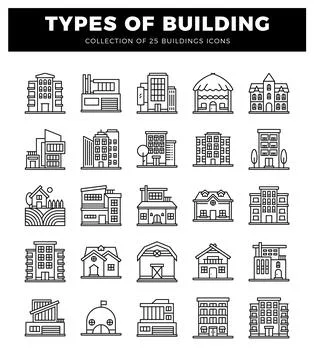 Building icons in a grid formation with a title. Ilustración de archivo