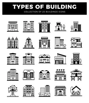 Building icons in a grid formation on a white background Ilustración de archivo