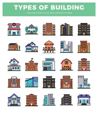 Building icons in a grid layout against a white background. Ilustración de archivo