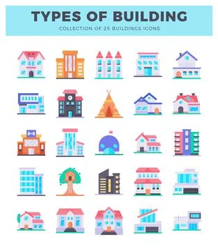 Building icons in a grid layout against a white background. Ilustración de archivo