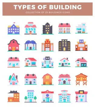 Building icons in a grid layout against a white background. Ilustración de archivo