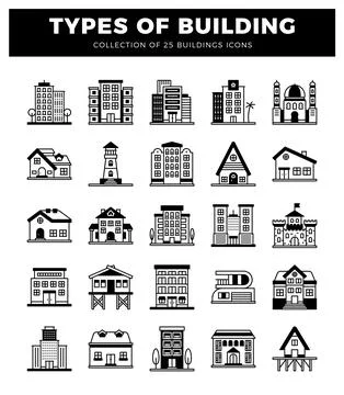 Building icons in a grid layout with architectural styles and settings. Stock Illustration