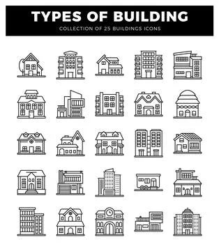 Building icons in a grid layout. black outlines on white Ilustración de archivo