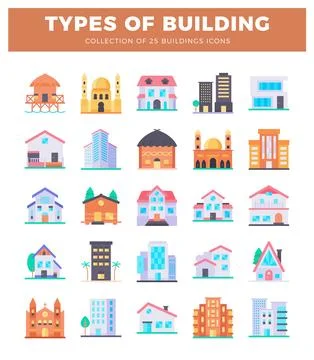 Building icons in a grid layout with diverse architectural styles. presente.. Stock Illustration