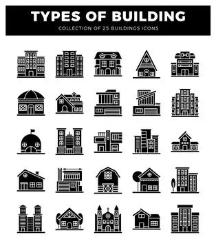Building icons in a grid layout. Ilustración de archivo