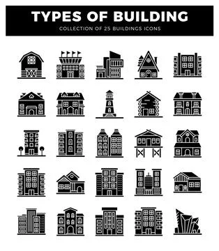 Building icons in a grid layout. Ilustración de archivo