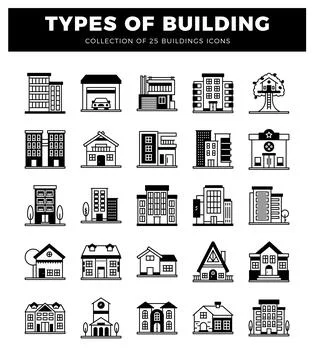 Building icons in a grid layout. modern and traditional structures. white b.. Ilustración de archivo
