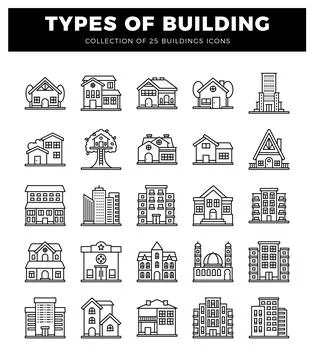 Building icons in a grid layout. presented in a simple black and white line.. Ilustración de archivo