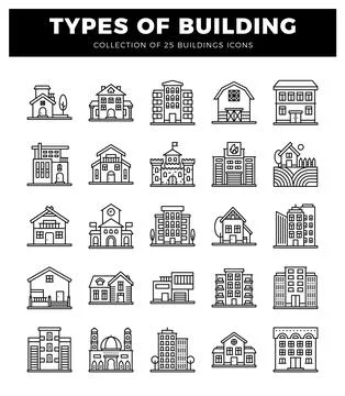 Building icons in a grid layout. presented in a clean. modern line art style. Stock Illustration