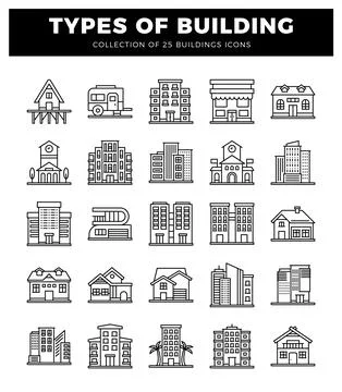 Building icons in a grid layout. representing various architectural styles. Ilustración de archivo