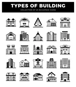 Building icons in a grid layout. representing various architectural styles. Ilustración de archivo