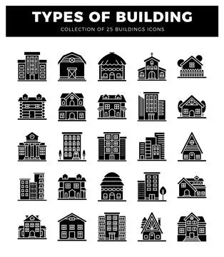 Building icons in a grid layout. Vector illustration. Ilustración de archivo