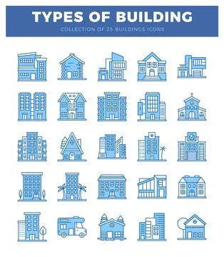 Building icons in a grid layout on a white background. Ilustración de archivo