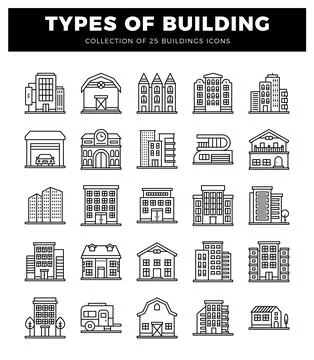 Building icons in a grid layout on white background. Ilustración de archivo