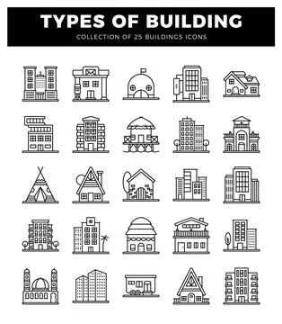Building icons in a grid layout on a white background. Ilustración de archivo