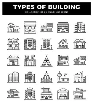 Building icons in a grid layout on a white background Ilustración de archivo