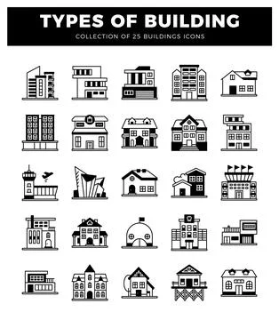 Building icons in a grid layout on a white background. Ilustración de archivo