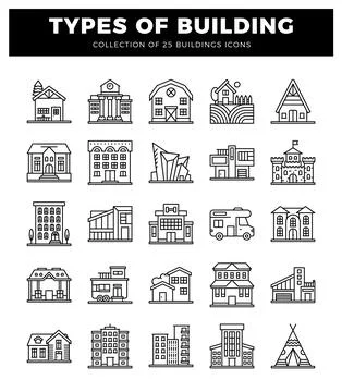 Building icons in a grid layout on a white background Ilustración de archivo