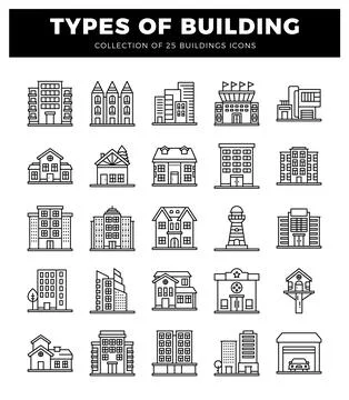Building icons in a grid layout on a white background. featuring diverse ar.. Stock Illustration