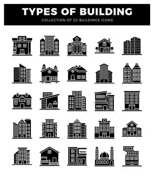 Building icons in a grid layout. white background. Ilustración de archivo