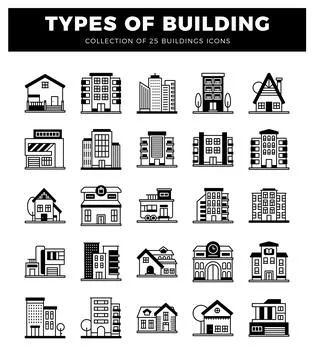 Building icons in a grid layout on a white background. Stock Illustration