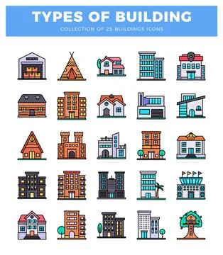 Building icons in a grid layout on a white background. Stock Illustration