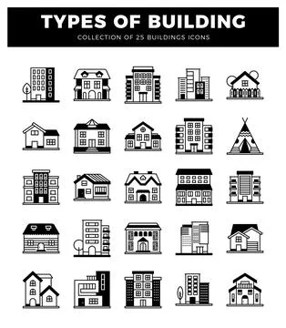 Building icons in a grid layout. white background. architectural styles. Ilustración de archivo