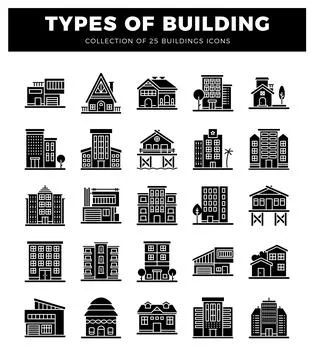 Building icons in a grid layout on white background Ilustración de archivo